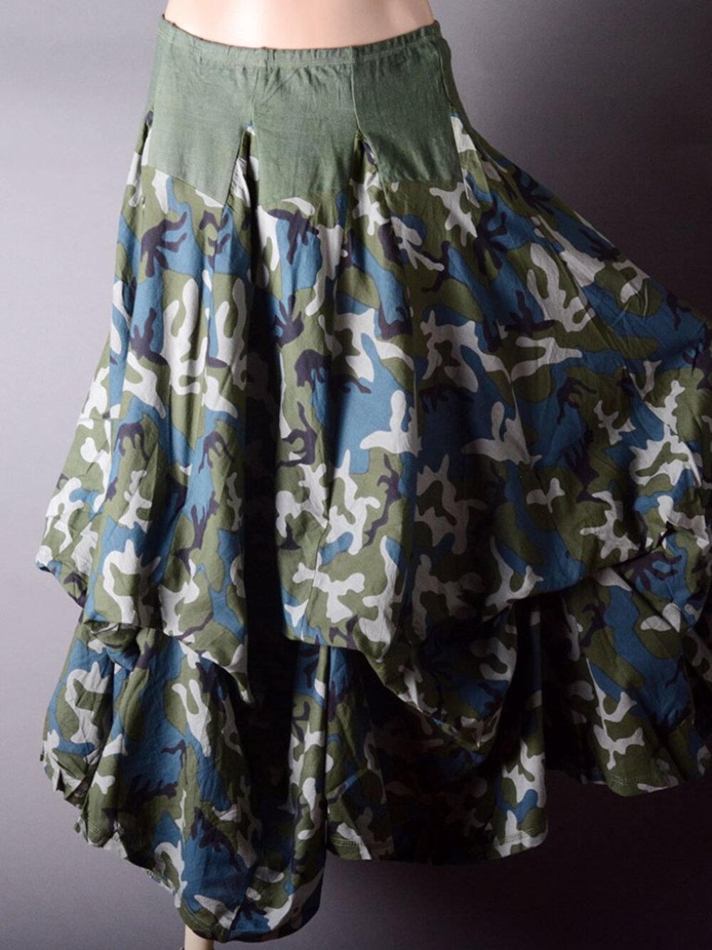 Green Military Camouflage Boho Gypsy Hippie Summer Colorblock Long Maxi Skirt